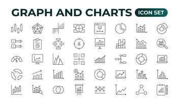 Growing bar graph icon set. Business graphs and charts icons. Statistics and analytics icon. Statistic and data, charts diagrams, money, down or up arrow. Outline icon collection. vector