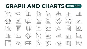 Growing bar graph icon set. Business graphs and charts icons. Statistics and analytics icon. Statistic and data, charts diagrams, money, down or up arrow. Outline icon collection. vector