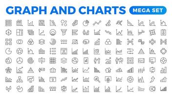 Growing bar graph icon set. Business graphs and charts icons. Statistics and analytics icon. Statistic and data, charts diagrams, money, down or up arrow. Outline icon collection. vector