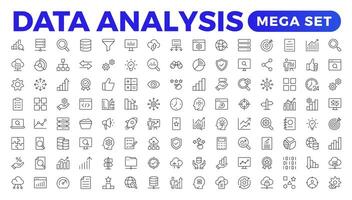 Data analytics icon set. Big data analysis technology symbol. Containing database,computing and network icons. Solid icons collection.Data line Analytics, AI, hosting, monitoring. outline icon vector