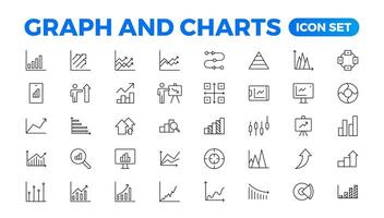 Growing bar graph icon set. Business graphs and charts icons. Statistics and analytics icon. Statistic and data, charts diagrams, money, down or up arrow. Outline icon collection. vector