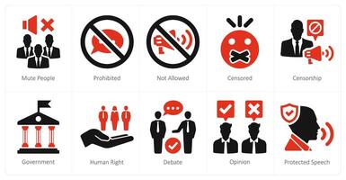 A set of 10 freedom of speech icons as mute people, prohibited, not allowed vector