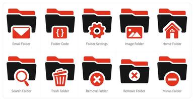 A set of 10 Folder icons as email folder, folder code, folder settings vector