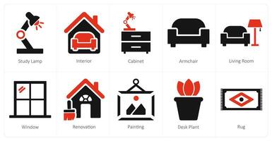 A set of 10 home interior icons as study lamp, interior, cabinet vector