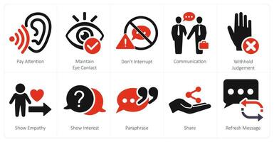 un conjunto de 10 activo escuchando íconos como pagar atención, mantener ojo contacto, no interrumpir vector