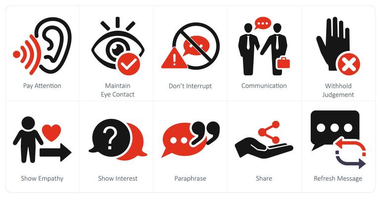 A set of 10 active listening icons as pay attention, maintain eye contact, dont interrupt