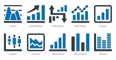 un conjunto de 10 diagramas y informes íconos como análisis, crecimiento análisis, lucro análisis vector