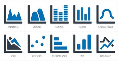 un conjunto de 10 diagramas y informes íconos como impresiones, Estadísticas, Finanzas vector