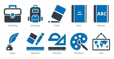 A set of 10 School and Education icons as school bag, eraser, book vector