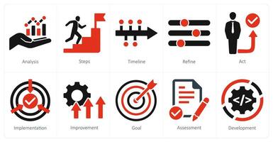 A set of 10 action plan icons as analysis, steps, timeline vector