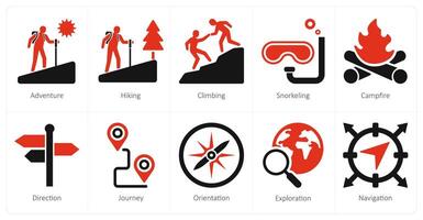 A set of 10 adventure icons as adventure, hiking, climbing vector