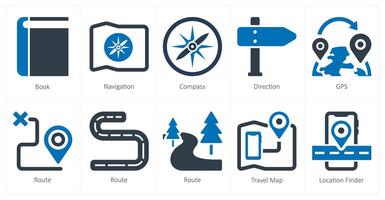 A set of 10 Travel and vacation icons as book, navigation, compass vector