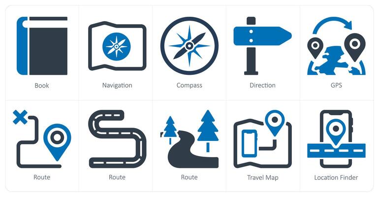 A set of 10 Travel and vacation icons as book, navigation, compass