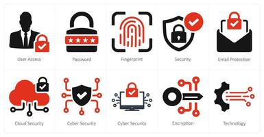 A set of 10 cyber security icons as user access, password, fingerprint vector