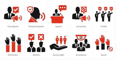 A set of 10 freedom of speech icons as free speech, protected speech, speech vector