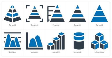 un conjunto de 10 diagramas y informes íconos como pirámide, Estadísticas, análisis vector