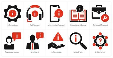 A set of 10 customer support icons as information, call support, information support vector