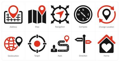 A set of 10 location icons as address, map, navigation vector