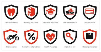 A set of 10 Insurance icons as dental insurance, building insurance, education insurance vector