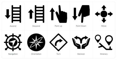 A set of 10 direction icons as ascend, descend, point up vector