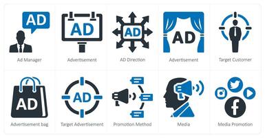 A set of 10 ads and marketing icons as ad manager, advertisement, ad direction vector