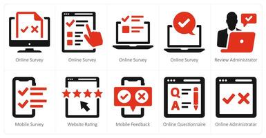 A set of 10 survey and rating icons as online survey, review administrator, mobile survey vector