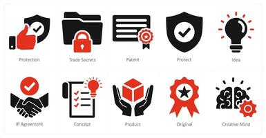A set of 10 intellectual property icons as protection, trade secrets, patent vector
