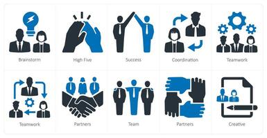 A set of 10 Teamwork icons as brainstorm, high five, succcess vector