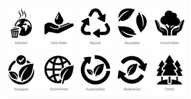 un conjunto de 10 ecología íconos como contaminación, salvar agua, reciclar vector