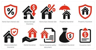 A set of 10 Insurance icons as home loan interest rate, house damage insurance, property insurance vector