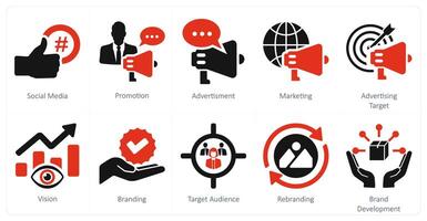 A set of 10 branding icons as social media, promotion, advertisement vector