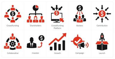 A set of 10 crowdfunding icons as crowdfunding, shareholders, crowdfunding platform vector