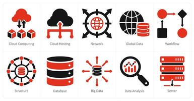 A set of 10 data analytics icons as cloud computing, cloud hosting, network vector