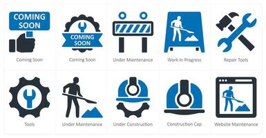 A set of 10 underconstruction icons as coming soon, under maintenance, work in progress vector