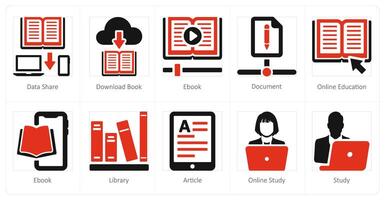 A set of 10 online education icons as data share download book, e book vector