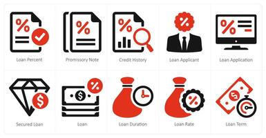 A set of 10 Loan and Debt icons as loan percent, promissory note, credit history vector