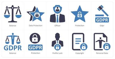 un conjunto de 10 gdpr íconos como balance, datos proteccion, oficial vector