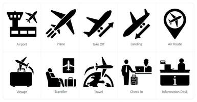 A set of 10 airport icons as airport, plane, takeoff vector