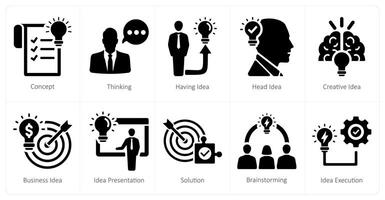 A set of 10 idea icons as thinking, having idea, head idea vector