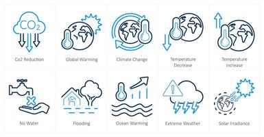 A set of 10 climate change icons as co2 reduction, global warming, climate change vector