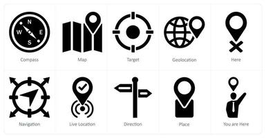 A set of 10 location icons as compass, map, target vector