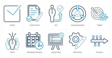 A set of 10 action plan icons as check, assesment, act vector