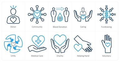 un conjunto de 10 caridad y donación íconos como donante, comunidad, sangre donación vector