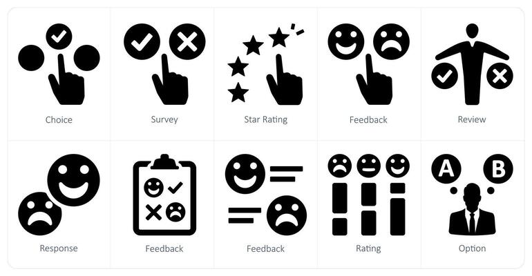 A set of 10 survey and ratings icons as choice, survey, star rating