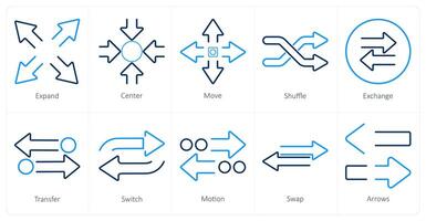 un conjunto de 10 flechas íconos como expandir, centro, moverse vector