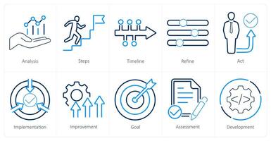 A set of 10 action plan icons as analysis, steps, timeline vector