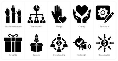A set of 10 crowdfunding icons as social participation, shareholders, pledge, vector