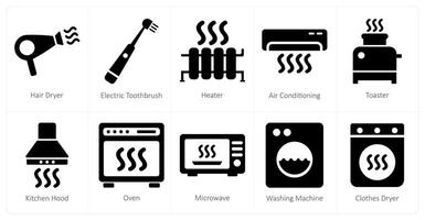 A set of 10 home appliances icons as hair dryer, electric toothbrush, heater vector