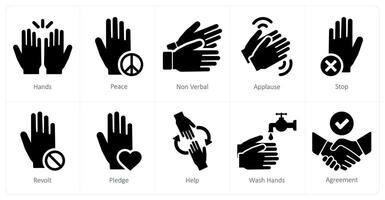 A set of 10 hands icons as hands, peace, non verbal vector