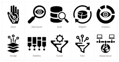 A set of 10 Big Data icons as hand, data search, audit vector